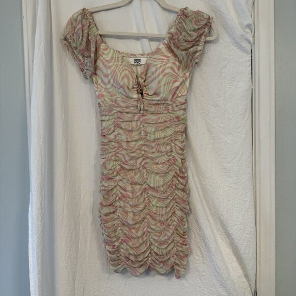 Madden NYC Bodycon Dress XS Ruched Pink Green Swirl Y2K Milkmaid Sheer Mesh Sexy - Picture 2 of 14